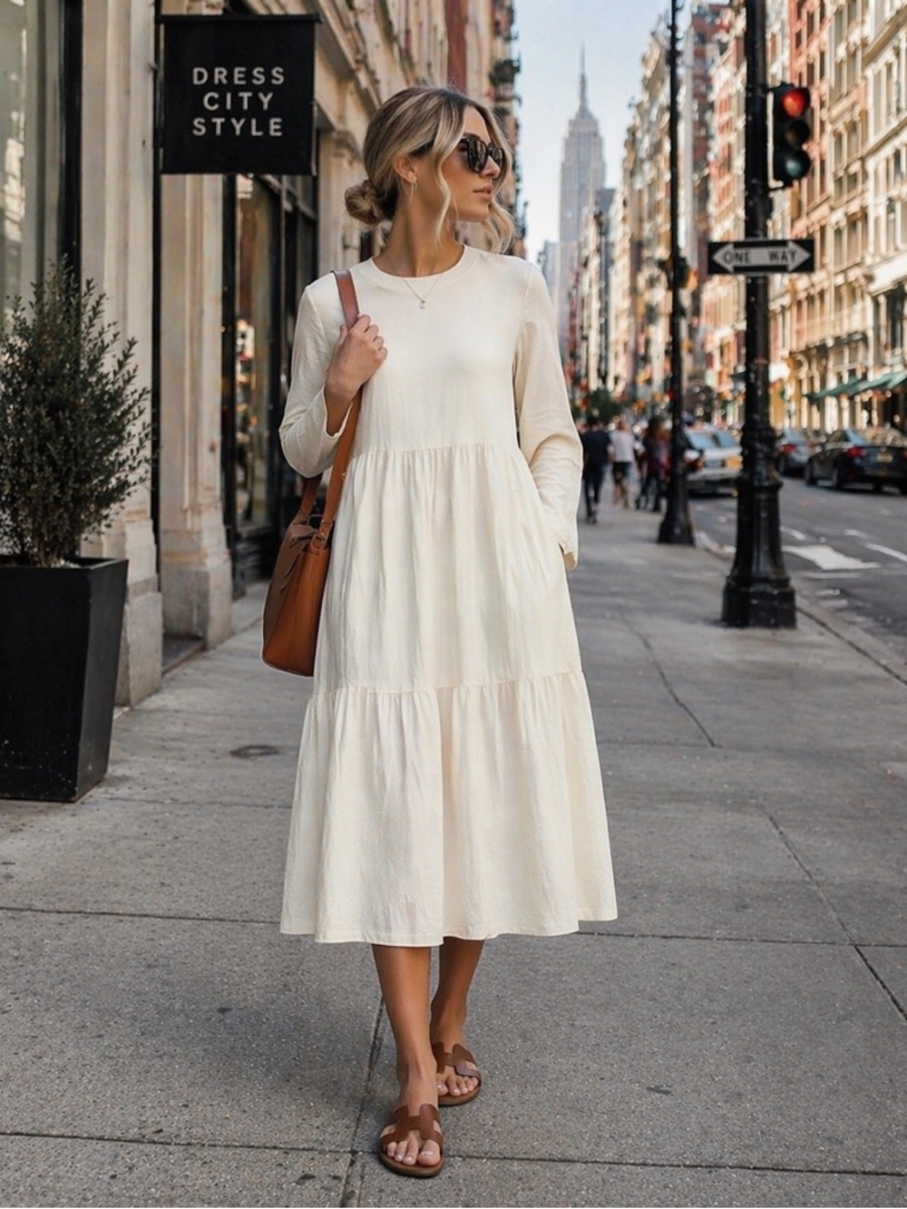 HALIFE Women's Cream Long Sleeve V-back Tiered Maxi Dress XL